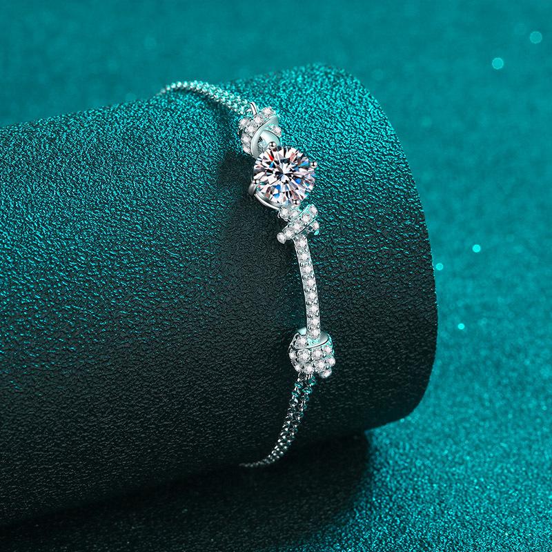 Double Chain Bracelet with 2-Carat Moissanite and Peach Charm Design in 925 Sterling Silver