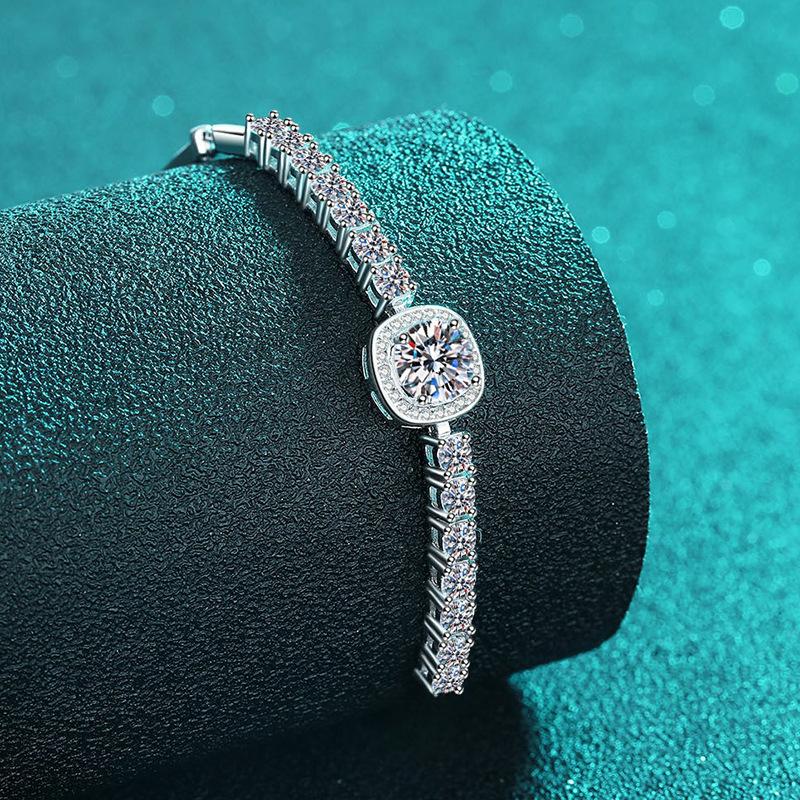 Bracelet with Round and Square Moissanite Stones in Handcrafted S925 Silver Setting Featuring Floral and Nature-Inspired Designs