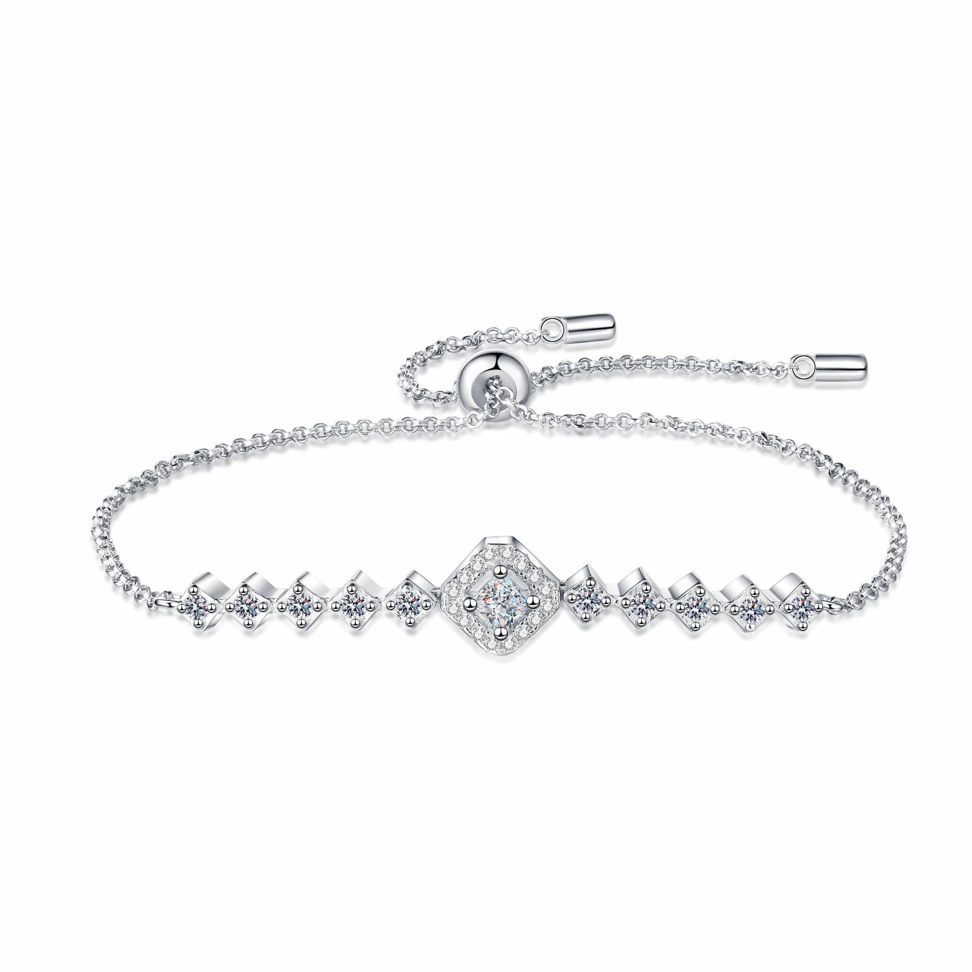 Sterling Silver Cubic Zirconia Bracelet with Square Charm and Adjustable Chain in Fresh Minimalist Style
