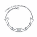 Sterling Silver Dual Chain Bracelet with Square-Cut Moissanite and Blue Gemstones in Leaf and Star Motifs