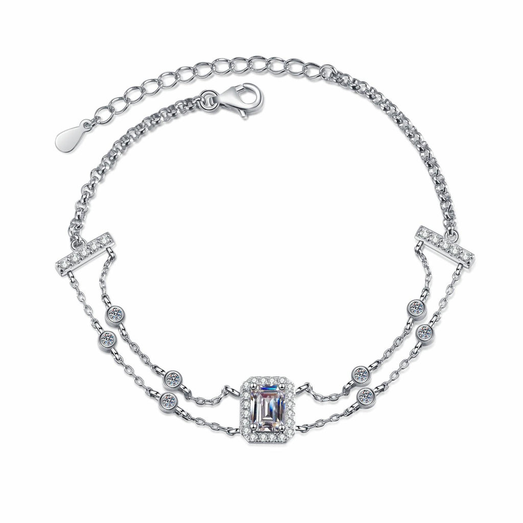 Double Chain Bracelet with S925 Sterling Silver Hand-Set Moissanite and Blue Rectangular Step-Cut Stones
