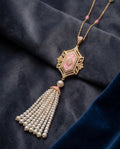 Silver 925 Gold plated Ornate Pendant Necklace and Earrings with Pink Enamel & Pearl Tassel