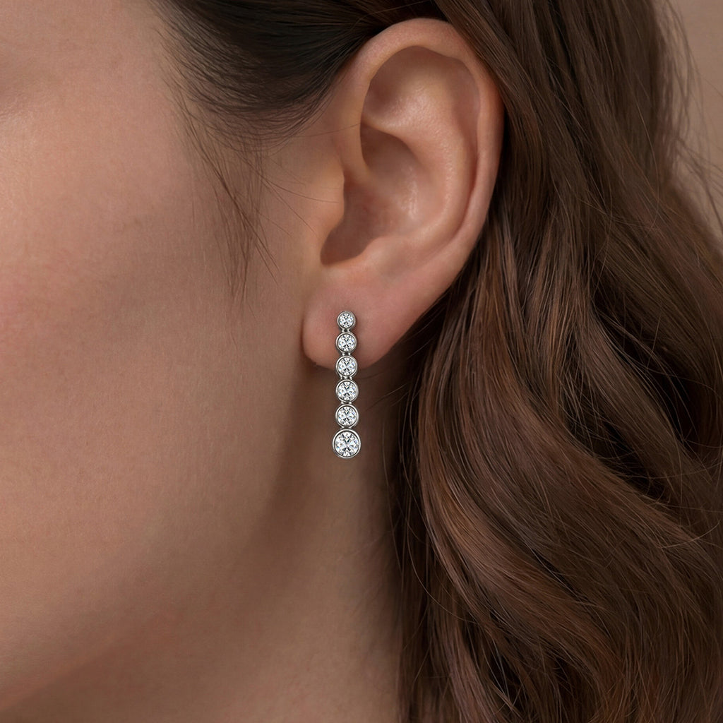 Moissanite Graduated Six Round Bezel Set Drop Earrings White Gold Tone 925 Sterling Silver Geometric Long Dangle Earrings For Women Elegant Fashion Party Wedding Gift Jewelry
