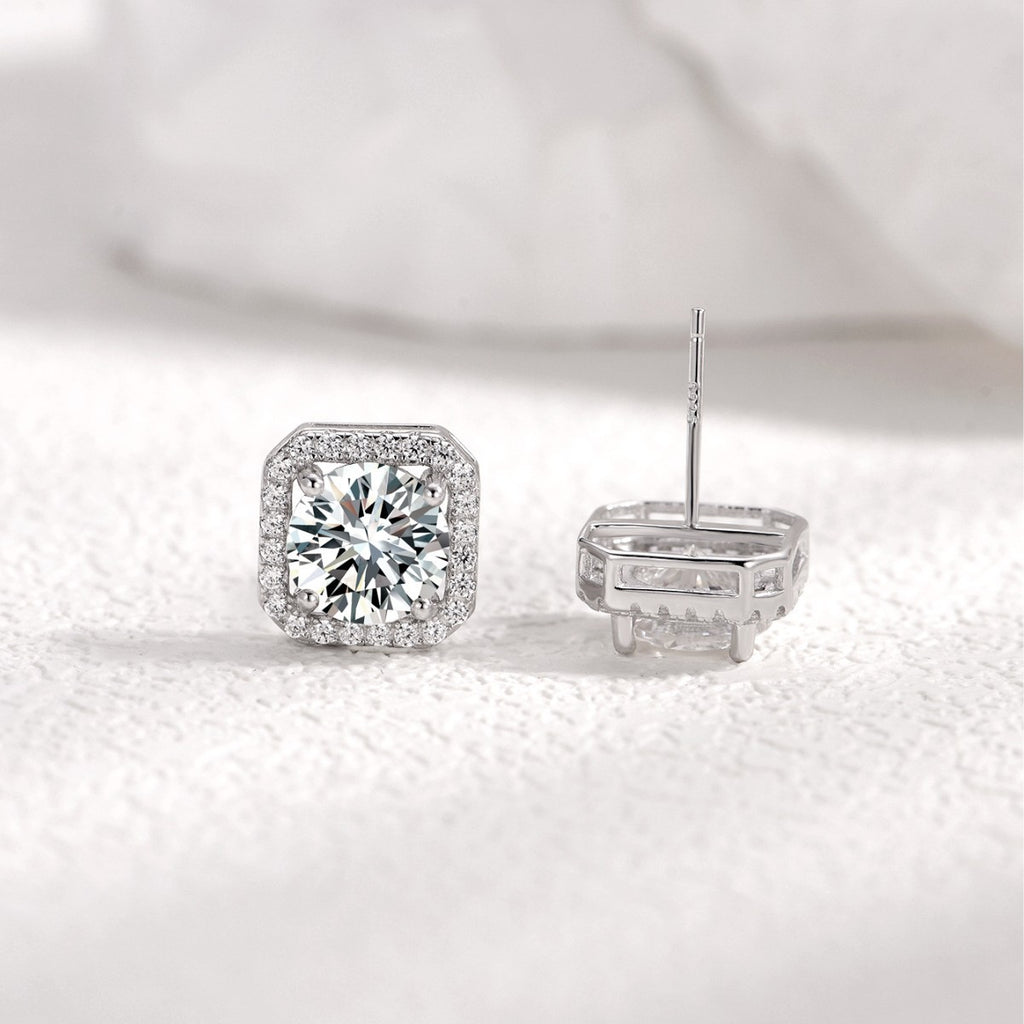 Square Halo Moissanite Stud Earrings  925 Sterling Silver Geometric Ear Stud Earrings