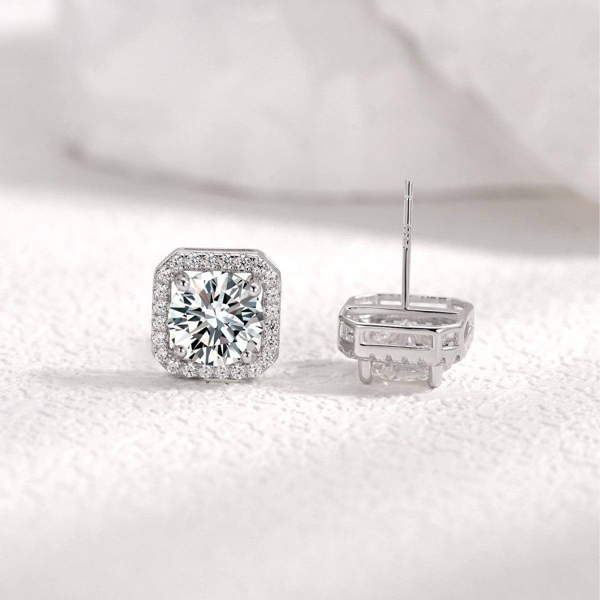 Square Halo Moissanite Stud Earrings  925 Sterling Silver Geometric Ear Stud Earrings