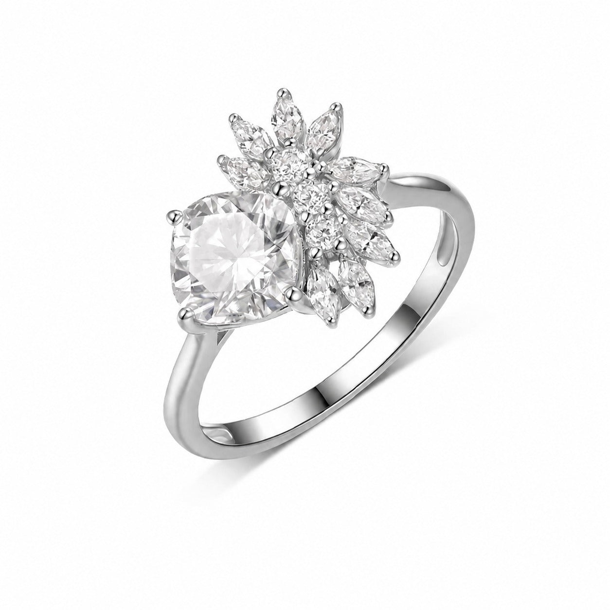 Princess Style Petal Cluster Cushion Cut Moissanite 925 Sterling Silver Ring