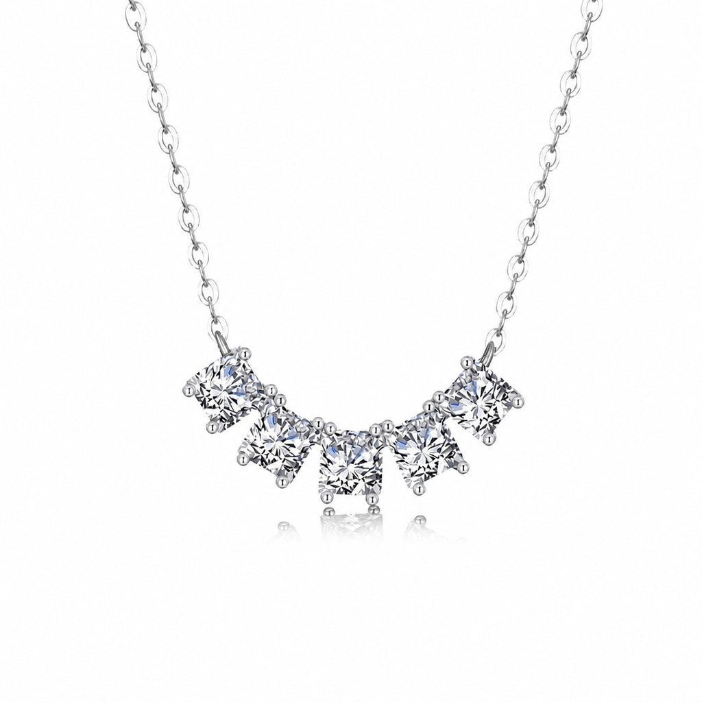 White Moissanite Geometric Five Stone Fan Curve 925 Sterling Silver Necklace