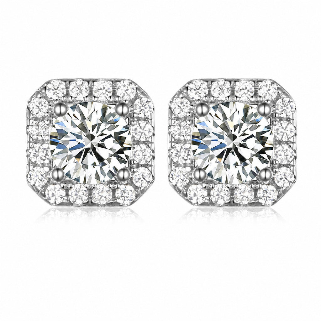 Square Halo Moissanite Stud Earrings  925 Sterling Silver Geometric Ear Stud Earrings
